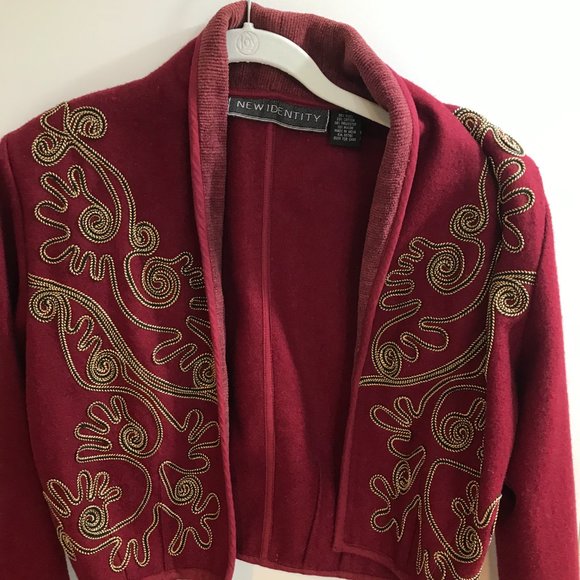 New Identity deep burgundy red bolero jacket with Spanish embroidery, size small - Picture 2 of 6